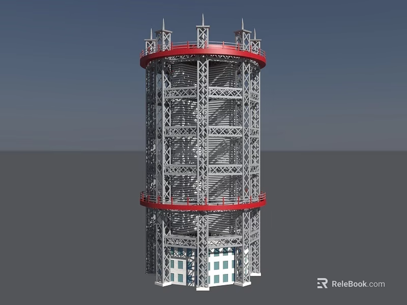Tall Metal Tower Structure With Red Circular Rings And White Base Building 3d model 