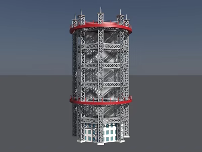 Tall Metal Tower Structure With Red Circular Rings And White Base Building 3d model