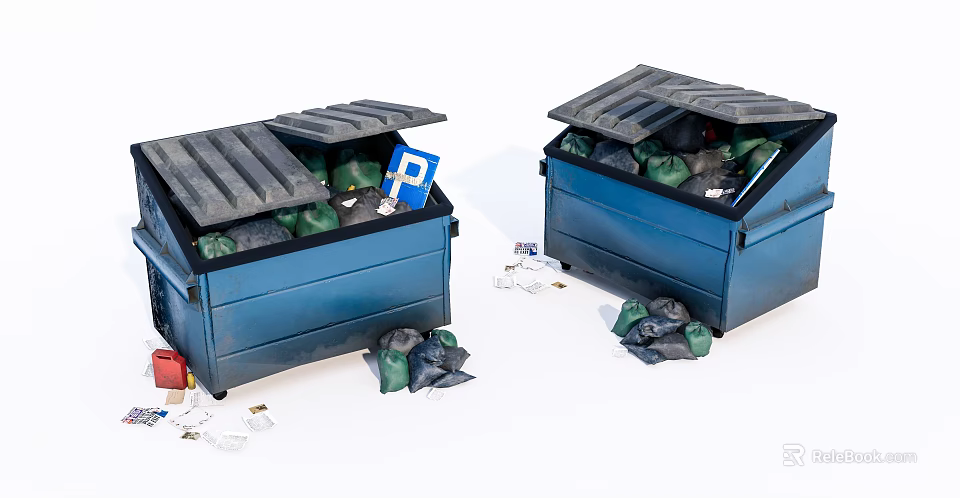 Public Facilities Blue Trash Bins With Open Lids Garbage Bags Inside And Scattered Trash Around 3d model 