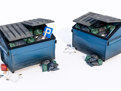 Public Facilities Blue Trash Bins With Open Lids Garbage Bags Inside And Scattered Trash Around 3d model