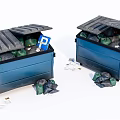 Public Facilities Blue Trash Bins With Open Lids Garbage Bags Inside And Scattered Trash Around