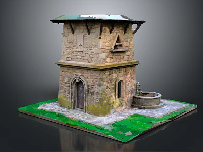 Ancient Stone Tower Structure With Arched Door Round Fountain And Green Grass Base 3d model