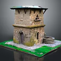 Ancient Stone Tower Structure With Arched Door Round Fountain And Green Grass Base