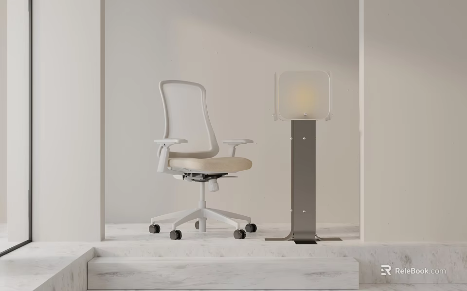 Modern White Mesh Office Chair With Adjustable Armrests And Wheels In Minimalist Space 3d model 