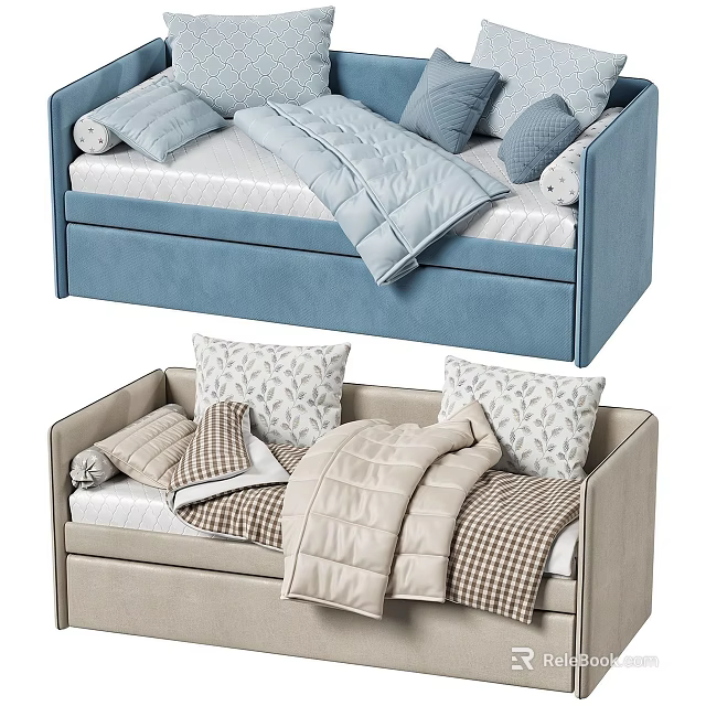 Blue And Beige Kids Beds With Mattresses Pillows Quilts Blankets And Storage Drawers 3d model 