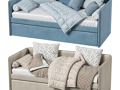 Blue And Beige Kids Beds With Mattresses Pillows Quilts Blankets And Storage Drawers 3d model