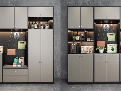 Modern Grey Shoe Cabinet With LED Lighting Multi-layer Storage And Display For Bags Shoes Decorations 3d model