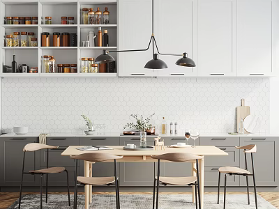 Modern Dining Table Set With Wooden Top Chairs Pendant Lights And White Cabinets 3d model