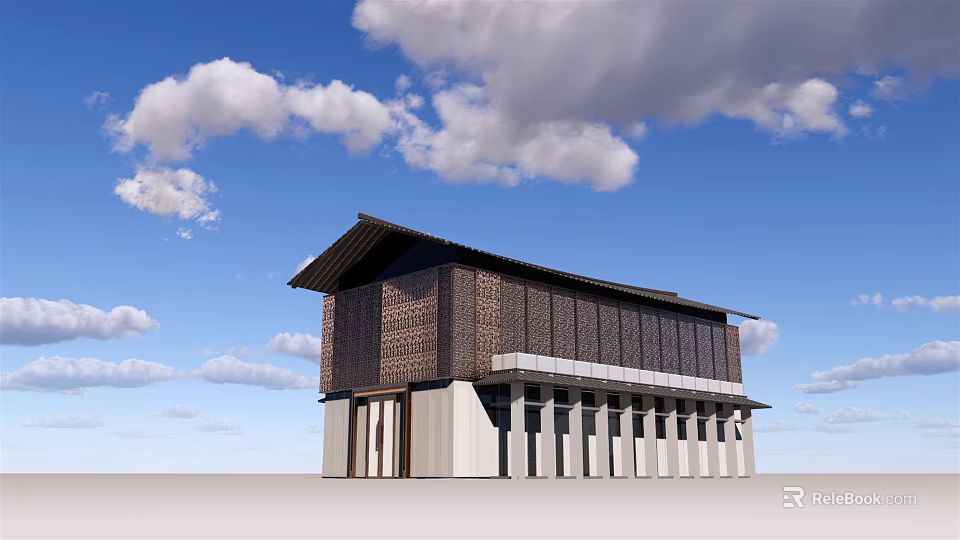 Modern Sales Office Building With Sloped Roof Textured Wall And White Columns 3d model 