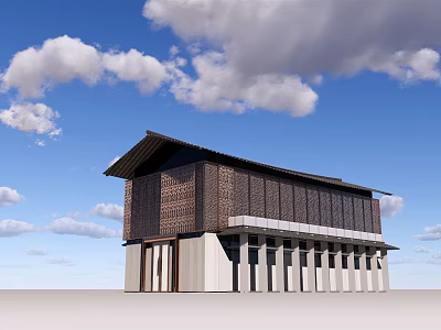 Modern Sales Office Building With Sloped Roof Textured Wall And White Columns 3d model
