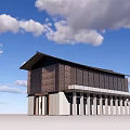 Modern Sales Office Building With Sloped Roof Textured Wall And White Columns