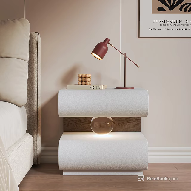 Modern White Bedside Table With Red Lamp Book Wooden Beads And Glass Orb 3d model 