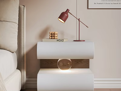 Modern White Bedside Table With Red Lamp Book Wooden Beads And Glass Orb 3d model