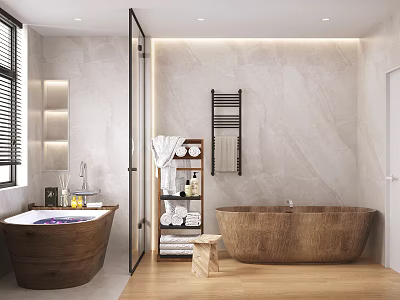 Modern Bathroom Interior With Wooden Bathtub Marble Wall Open Shower And Wooden Floor 3d model