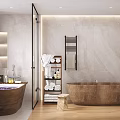 Modern Bathroom Interior With Wooden Bathtub Marble Wall Open Shower And Wooden Floor