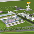 Modern Industrial Factory With Rooftop Garden Green Lawns Surrounding Trees And Urban Skyline