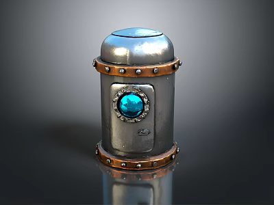Silver Metal Decorative Cylinder With Brown Riveted Band And Blue Gemstone 3d model