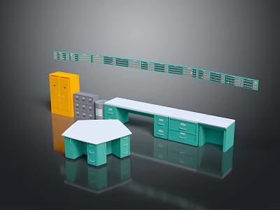Modern Office Furniture Collection With Yellow Gray Green Cabinets And White Desk 3d model