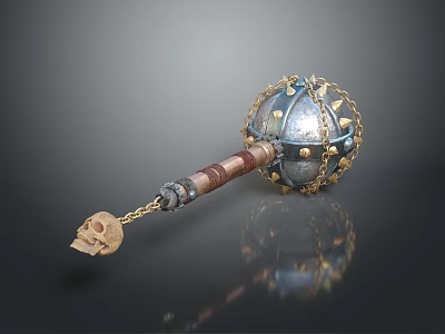 Medieval Flail Weapon With Metal Spiked Sphere Chain Wooden Handle And Skull Decoration 3d model