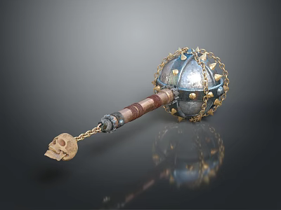 Medieval Flail Weapon With Metal Spiked Sphere Chain Wooden Handle And Skull Decoration 3d model