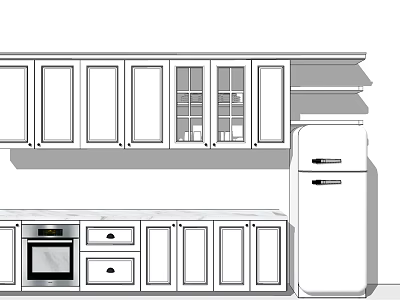 Modern Kitchen Upper And Lower Cabinets With Glass Doors Oven And Refrigerator 3d model