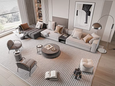 Modern Sofa And Coffee Table Set With Throw Pillows Striped Rug And Floor Lamp 3d model