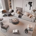 Modern Sofa And Coffee Table Set With Throw Pillows Striped Rug And Floor Lamp