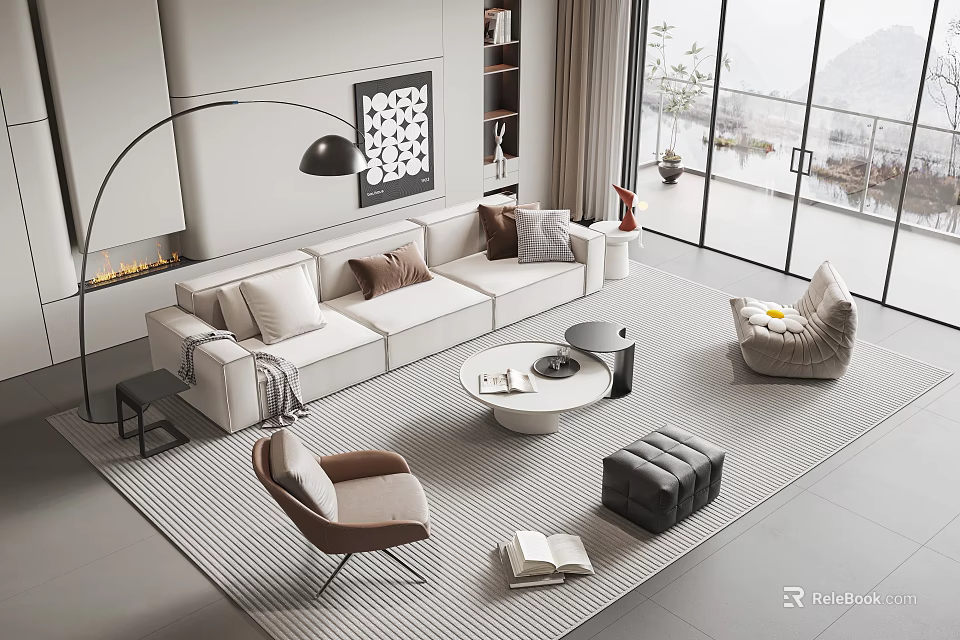 Modern Sofa And Coffee Table Set In Living Room With Armchair Floor Lamp And Carpet 3d model 