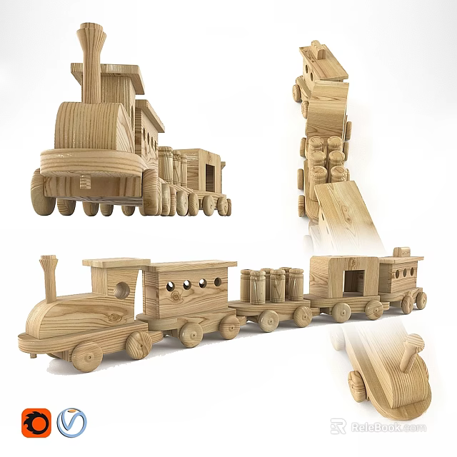 Wooden Doll Train With Multiple Carriages And Round Wheels For Kids Play 3d model 