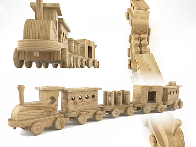Wooden Doll Train With Multiple Carriages And Round Wheels For Kids Play 3d model