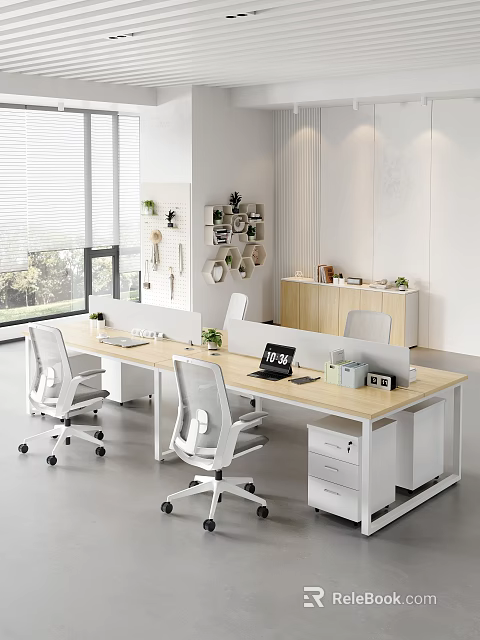 Modern Office Desk With White Ergonomic Chairs Laptop Green Plants Storage Boxes And Wall Shelves 3d model 