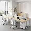 Modern Office Desk With White Ergonomic Chairs Laptop Green Plants Storage Boxes And Wall Shelves