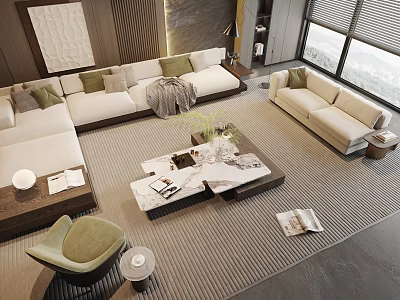 Modern Beige Sofa and Coffee Table Set with Throw Pillows Marble Top and Potted Plant 3d model