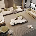 Modern Beige Sofa and Coffee Table Set with Throw Pillows Marble Top and Potted Plant