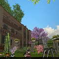 Serene Garden Landscape with Multi story Building Greenery Flowers and Lawn Furniture under Blue Sky