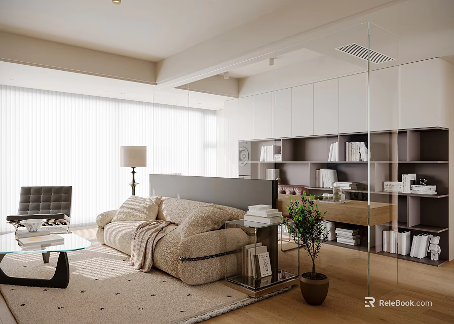 Modern Living Room Interior With Beige Sofa Black Chair Glass Coffee Table And White Bookshelves 3d model 