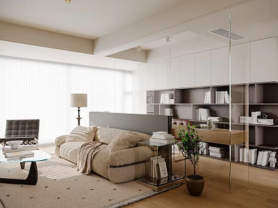 Modern Living Room Interior With Beige Sofa Black Chair Glass Coffee Table And White Bookshelves 3d model