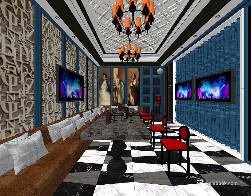 KTV Interior Design Blue Walls Decorative Wallpaper Chandeliers Sofas Red Chairs TV Screens Checkered Floor 3d model 