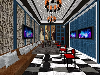 KTV Interior Design Blue Walls Decorative Wallpaper Chandeliers Sofas Red Chairs TV Screens Checkered Floor 3d model