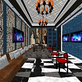 KTV Interior Design Blue Walls Decorative Wallpaper Chandeliers Sofas Red Chairs TV Screens Checkered Floor