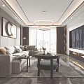 Modern Elegant Living Room Interior With Gray Sectional Sofa Round Chandelier And Coffee Table
