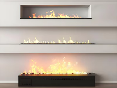 Modern Three Tiered Fireplaces With Flaming Burners On White Wall 3d model