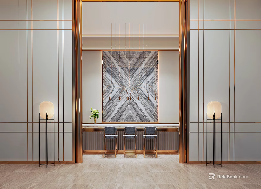 Elegant Hotel Lobby Interior With Marble Wall Chandelier Bar Counter And Floor Lamps 3d model 