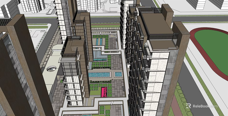 Modern High Rise Residential Area With Courtyard Green Space And Urban Landscape Design 3d model 