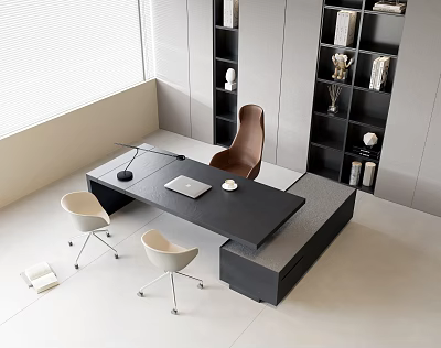 Modern Office Desk With Black Tabletop Laptop Lamp Two White Chairs Brown Chair And Bookshelves 3d model