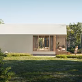 Modern Detached Villa With White Facade Large Glass Windows Wooden Elements Garden And People Walking