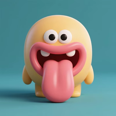 Yellow Round Doll With Big Eyes Open Mouth Pink Tongue On Light Blue Background 3d model Yellow Round Doll With Big Eyes Open Mouth Pink Tongue On Light Blue Background 3d model