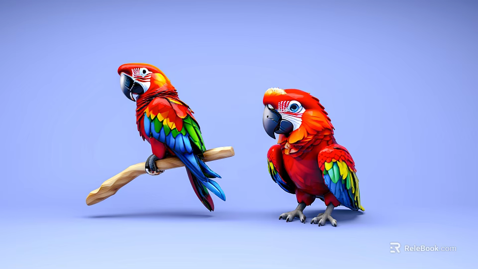 Colorful Parrots With Vibrant Feathers Perched On Wooden Branch And Standing On Light Blue Backdrop 3d model 