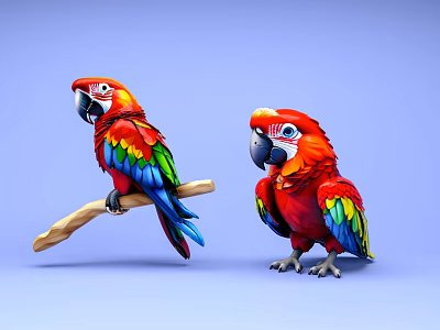 Colorful Parrots With Vibrant Feathers Perched On Wooden Branch And Standing On Light Blue Backdrop 3d model