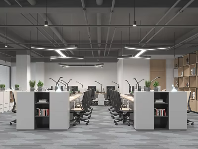 Modern Public Office Space With Open Layout Ergonomic Chairs Green Plants And Bookshelves 3d model